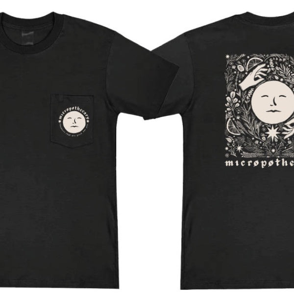 Black Moonface graphic short sleeve pocket T-shirt with front emblem and large back print