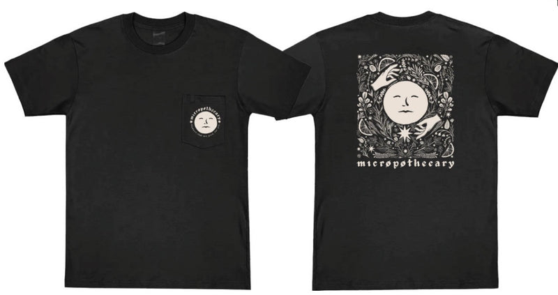 Black Moonface graphic short sleeve pocket T-shirt with front emblem and large back print