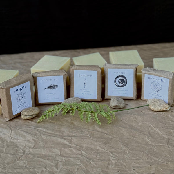 Micropothecary handmade cold process soap bars including Origin, Provence, Groove, Vernal and Pomander