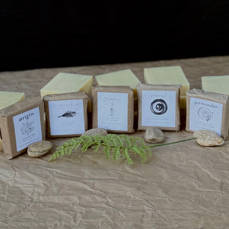 Micropothecary handmade cold process soap bars including Origin, Provence, Groove, Vernal and Pomander