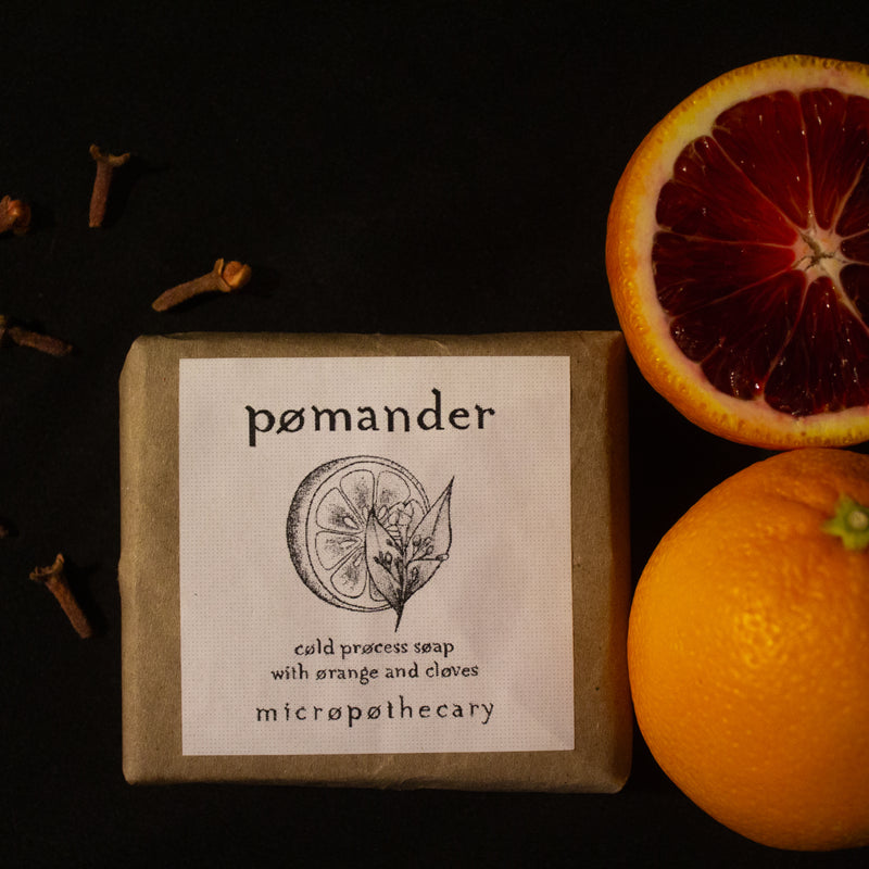 Pomander soap bar with oranges and cloves on a dark background